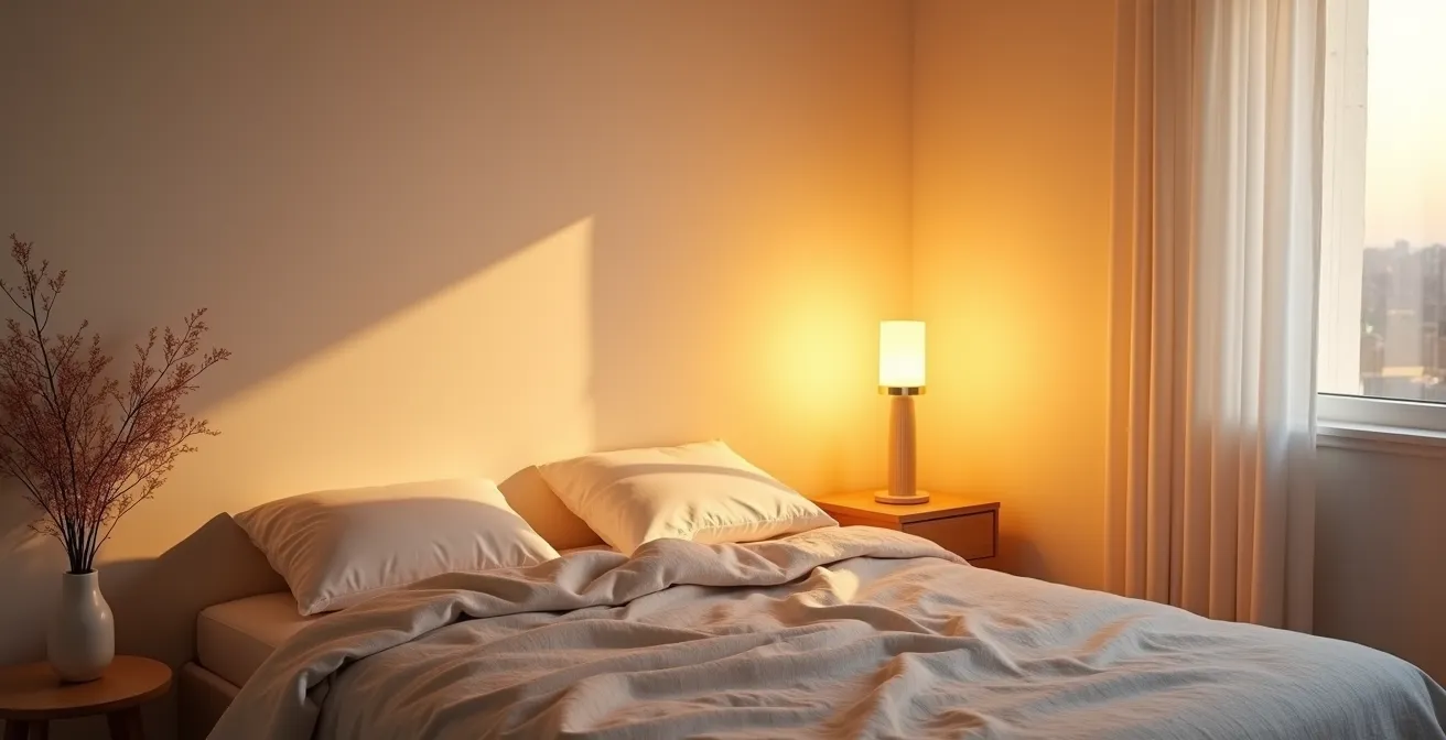 Bedroom corner with smart bulbs creating gradient from warm amber to cool daylight, suggesting sunrise simulation