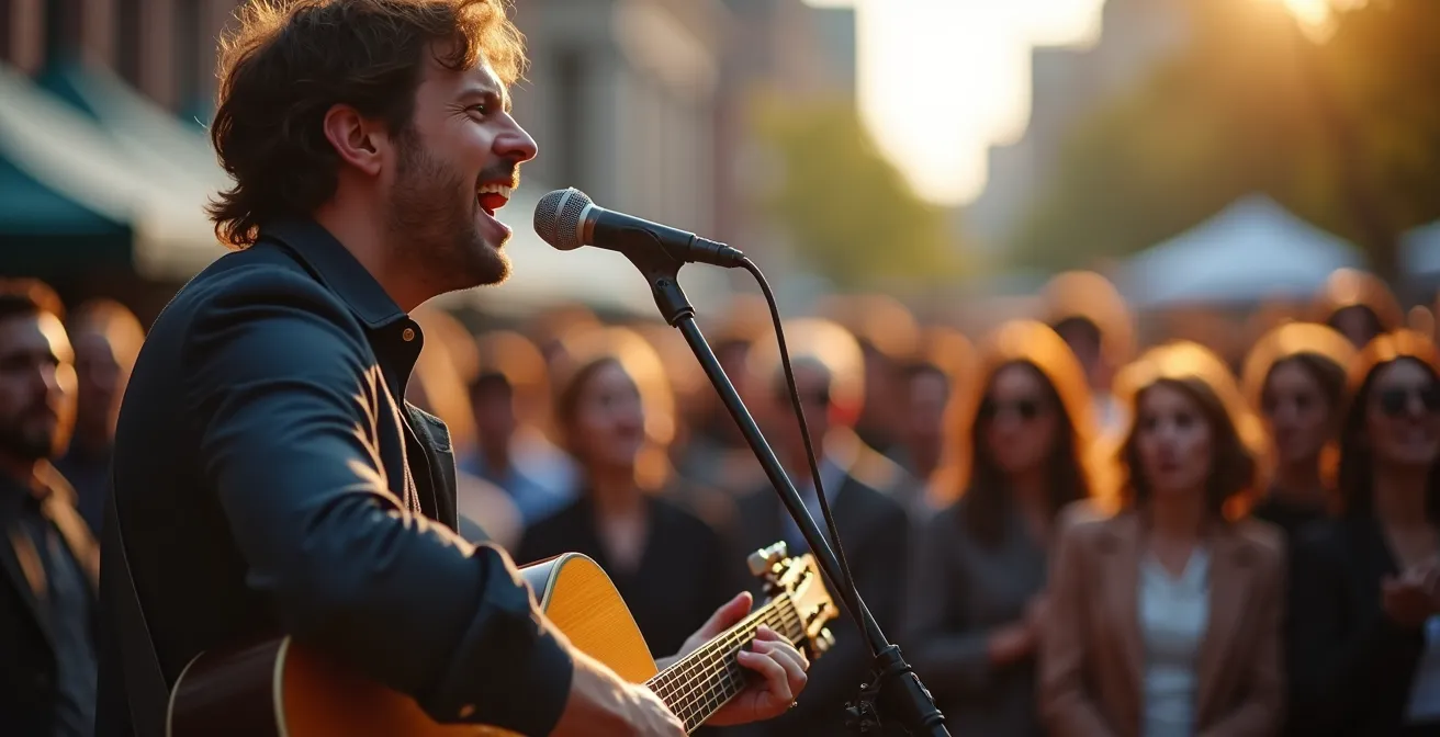 Street musician performing at Bellevue Square Park with gathered crowd in Kensington Market