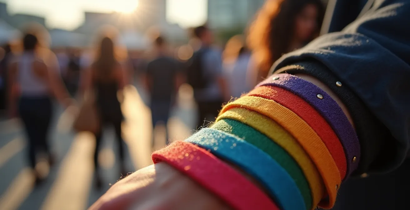 Close-up detail of film festival wristbands and passes with shallow depth of field