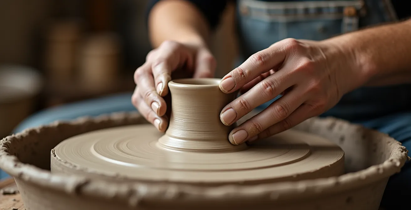Artisan workshop with handcrafted pottery and local materials in the Distillery District