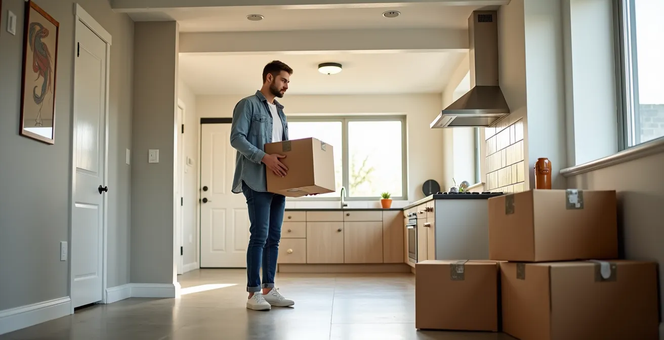 Modern renovated basement apartment interior showing bright living space with legal windows and separate entrance