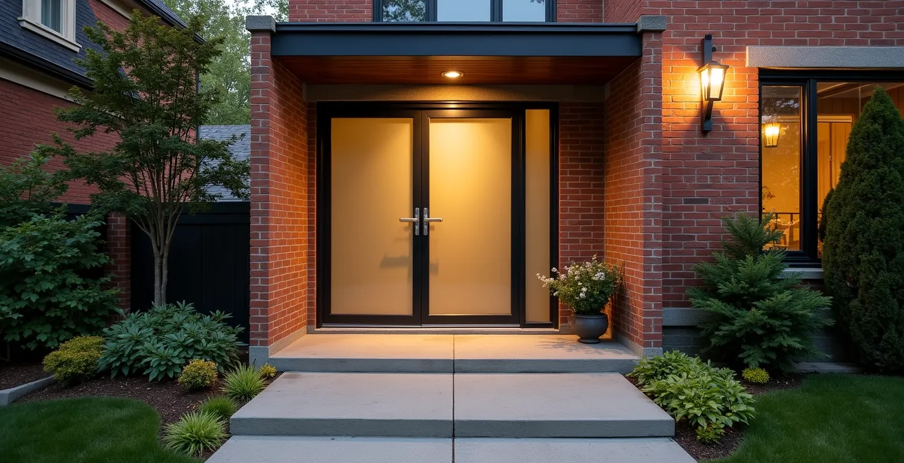 Contemporary separate entrance to Toronto basement apartment with professional landscaping