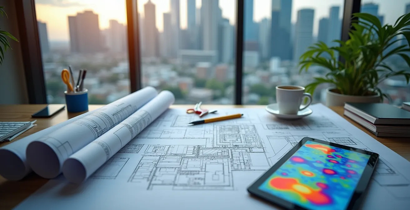 Close-up of architectural blueprints and construction permits spread on a desk with Toronto skyline visible through window
