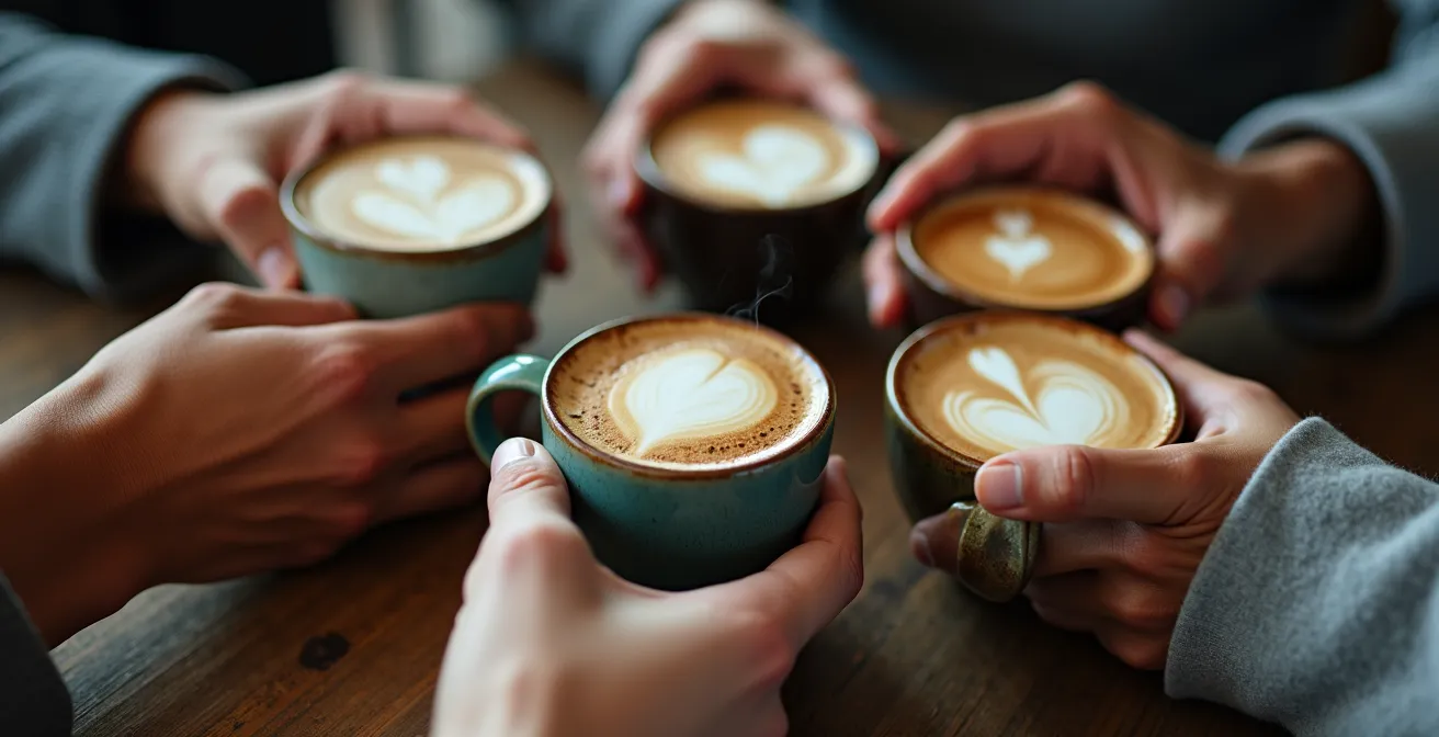 Macro shot of hands around coffee cups on a communal wooden table, suggesting connection.