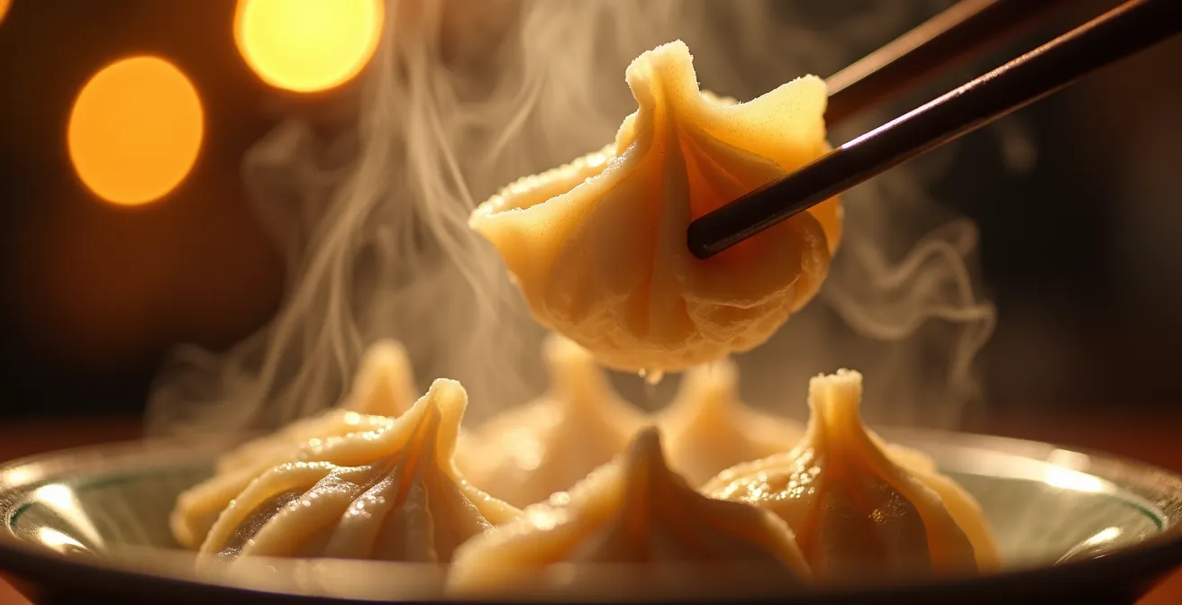 Late night street food scene with steam rising from dumplings being lifted by chopsticks