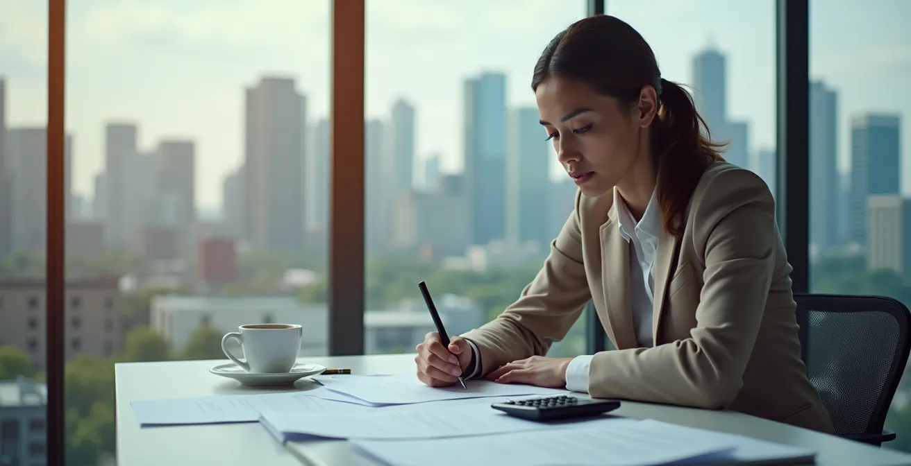 Professional reviewing pre-construction condo documents at modern office desk