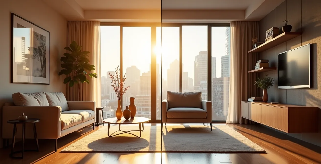 Toronto condo interior with slender-legged furniture preserving CN Tower view through floor-to-ceiling windows