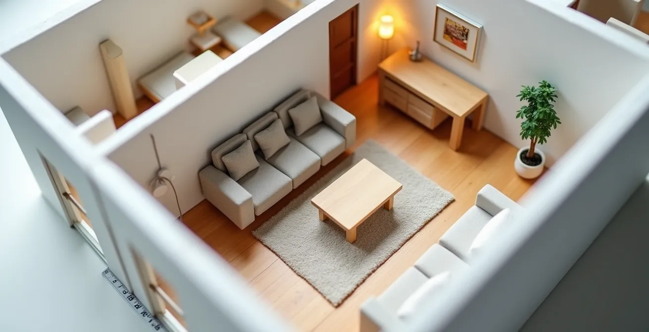 Aerial view of modern condo interior with furniture placement demonstrating space efficiency