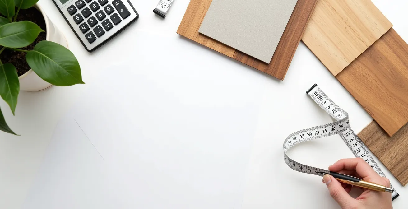 Tax documents and renovation materials arranged on a workspace showing financial planning