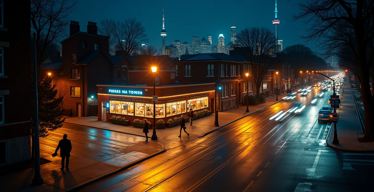 Safe navigation routes through Toronto Entertainment District at night