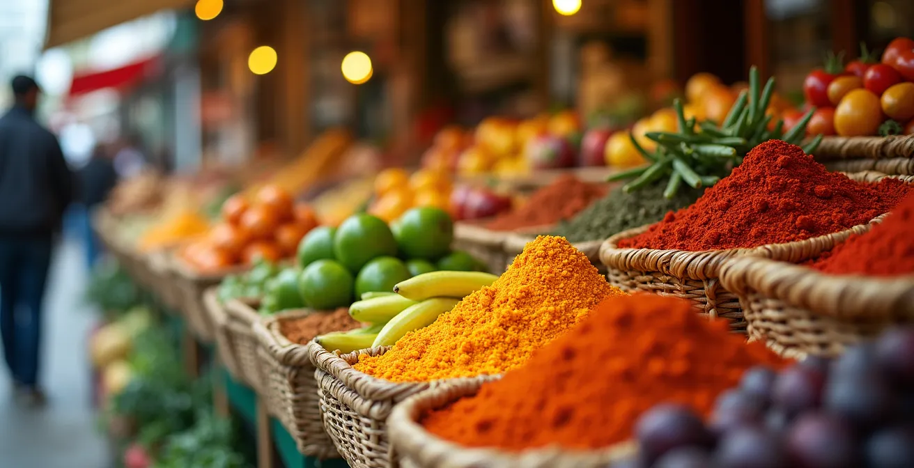 Interior of multicultural grocery store showing diverse products and shoppers