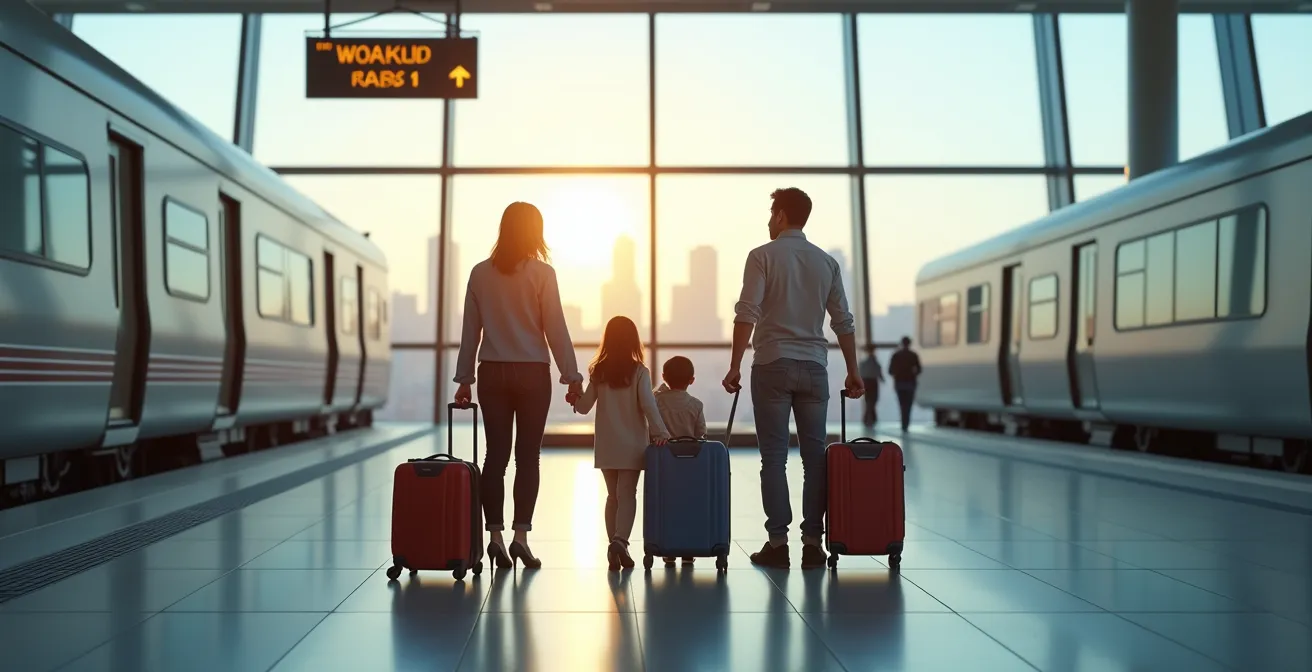 Family with luggage choosing between train platform and taxi at Toronto airport