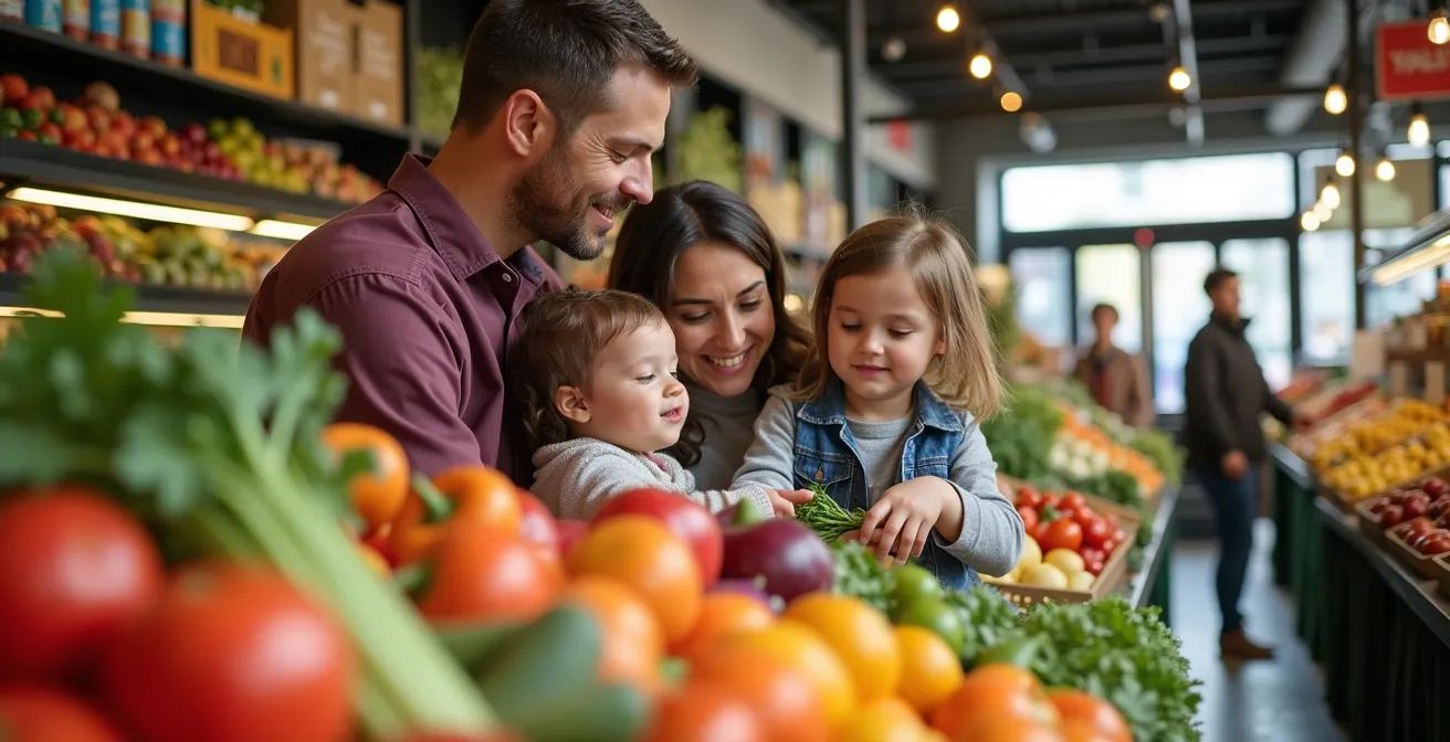 Family shopping at Toronto farmers market with fresh produce and local food vendors