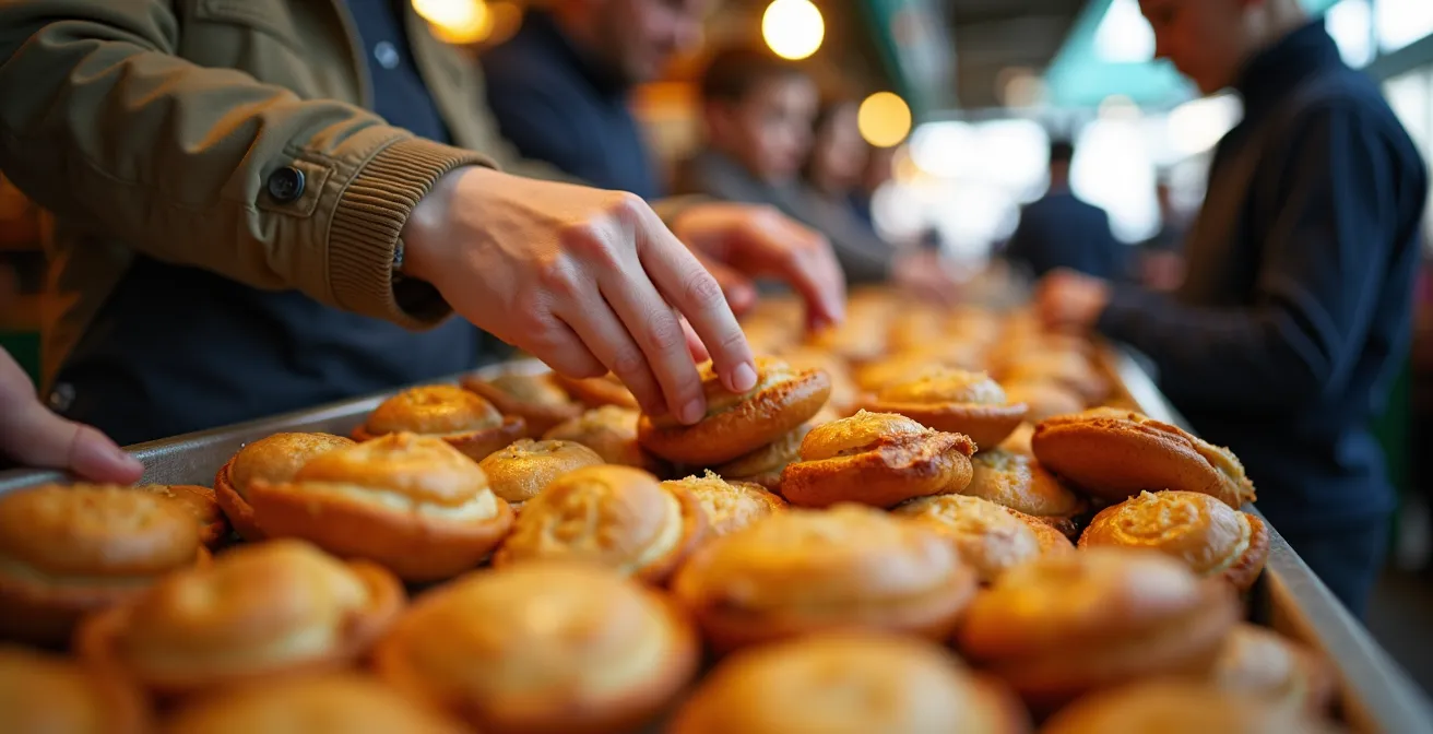 Family assembling picnic supplies from local Toronto market with fresh produce and baked goods