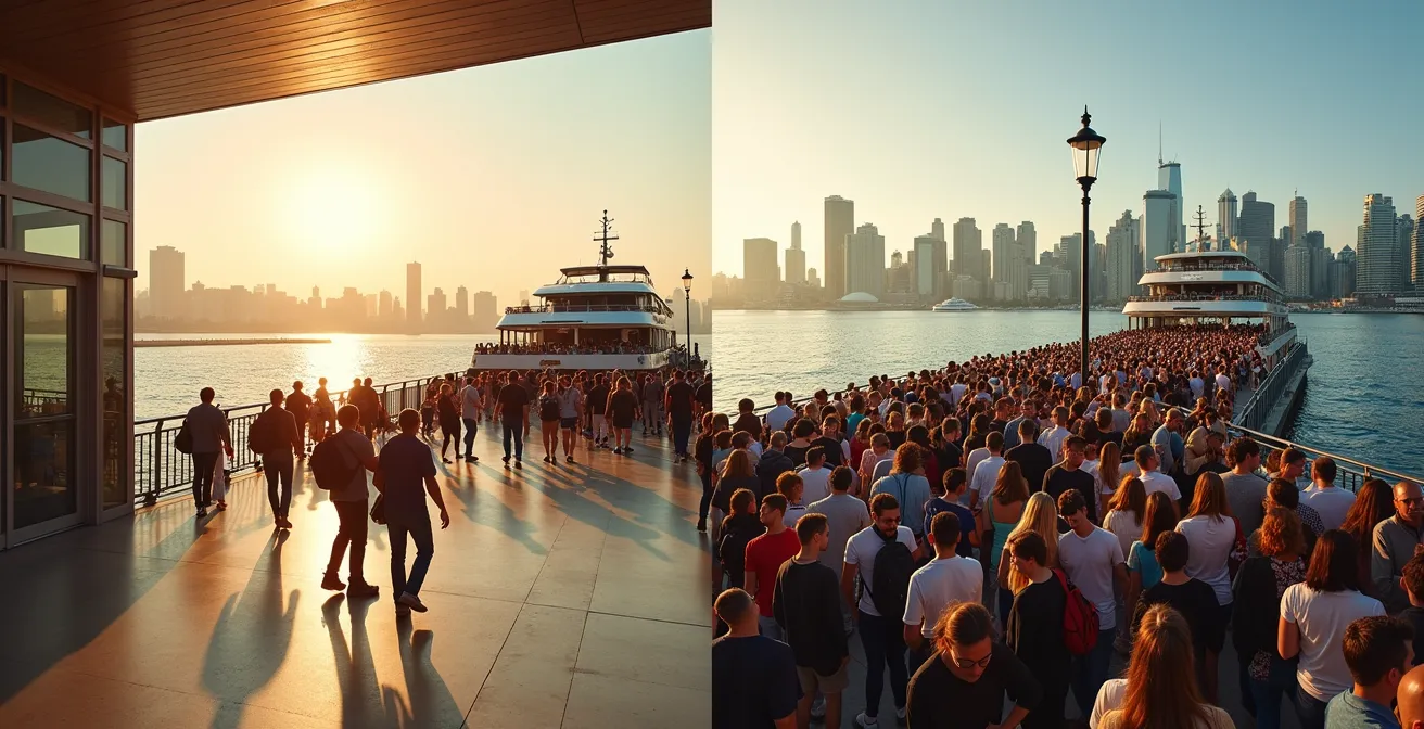 Split view showing empty ferry terminal at 9 AM versus crowded afternoon queue