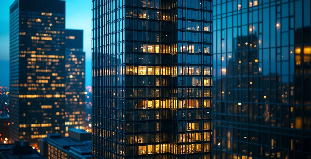 Toronto Financial District buildings with illuminated office windows during blue hour twilight