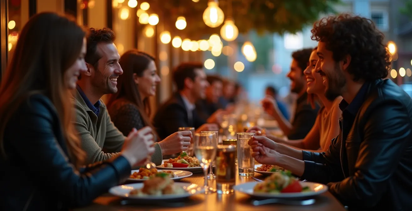 Evening dining scene in a Toronto multicultural neighborhood with warm restaurant lights