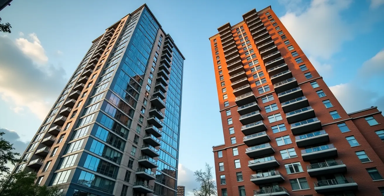 Wide angle view of Toronto condo buildings showing architectural contrast between glass towers and brick structures