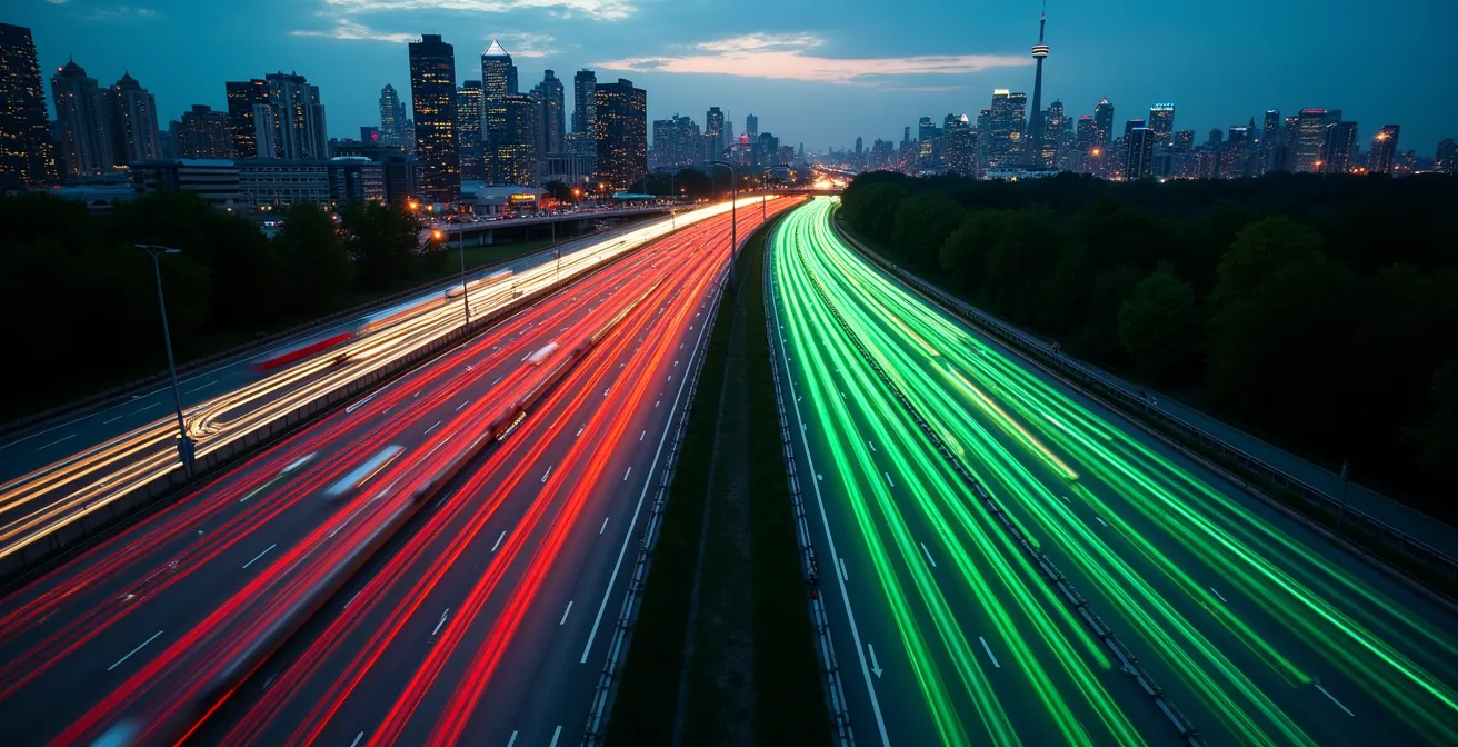 Aerial view of Highway 401 during rush hour showing heavy congestion contrasted with flowing traffic on parallel routes