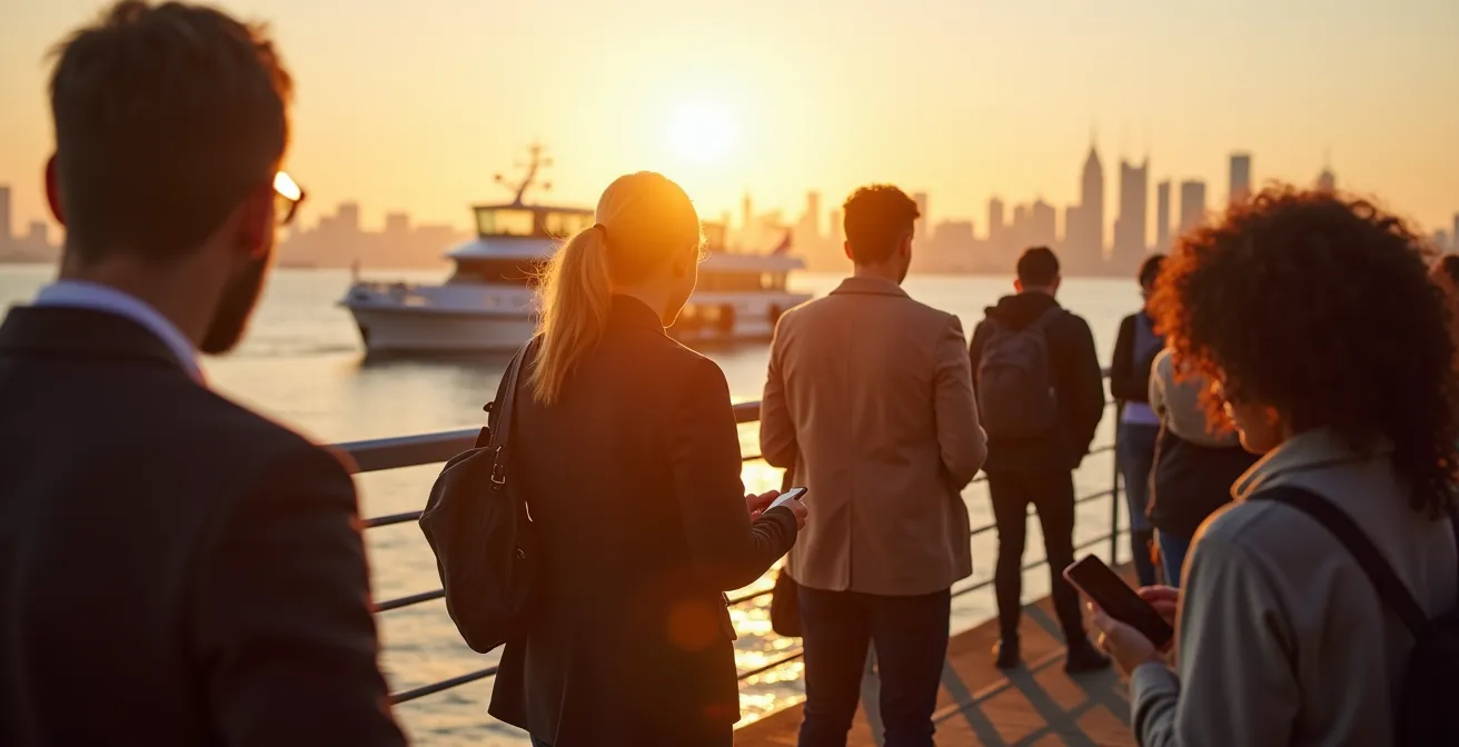 Jack Layton Ferry Terminal with Toronto skyline at sunset, a ferry approaching the dock