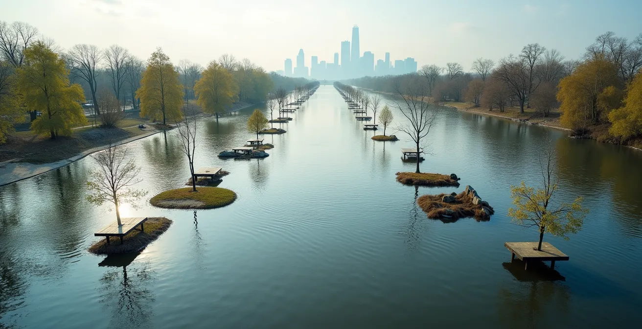 Aerial view showing the stark contrast between normal and flooded parkland on the Toronto Islands