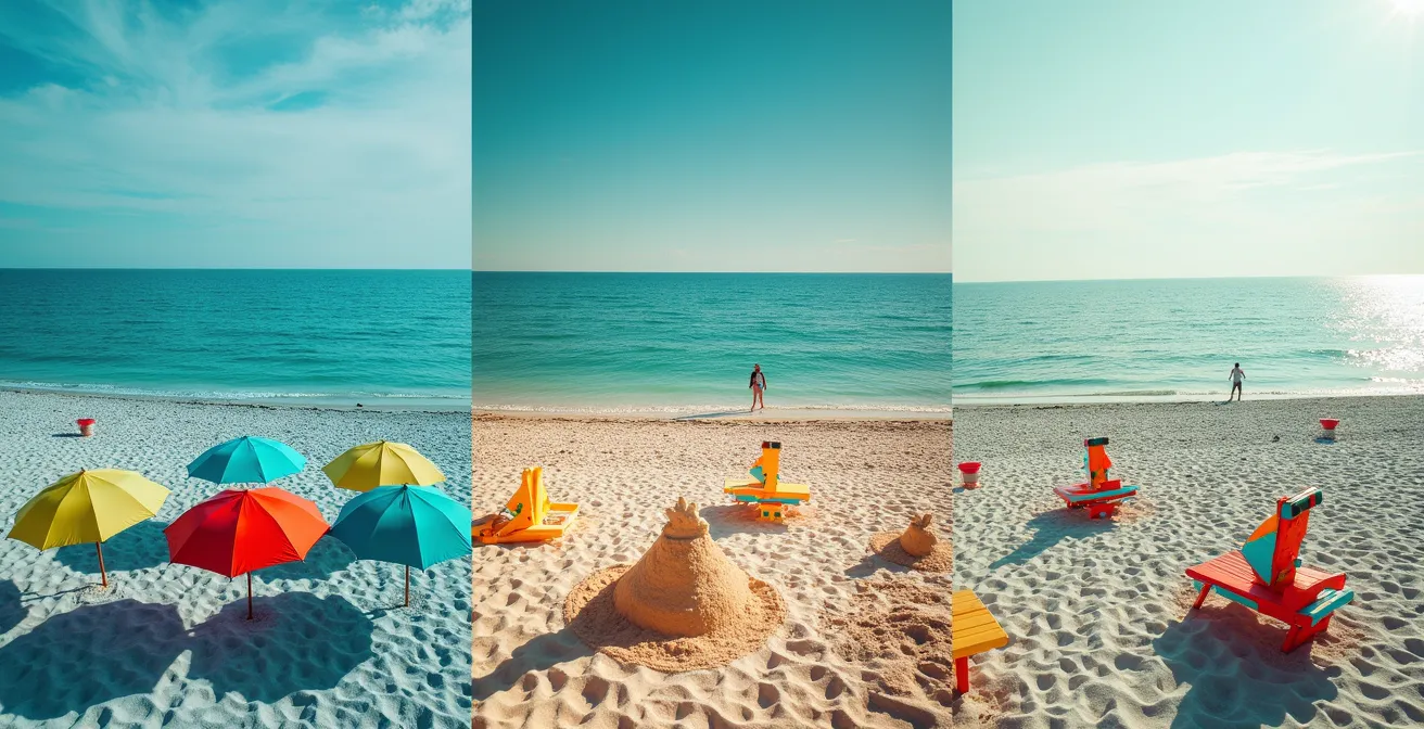 Aerial view comparing three distinct Toronto Island beaches showing different crowd densities