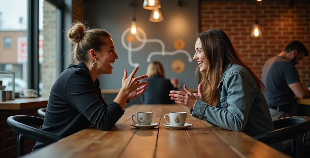 Two people engaged in friendly conversation at a Toronto coffee shop with warm natural lighting