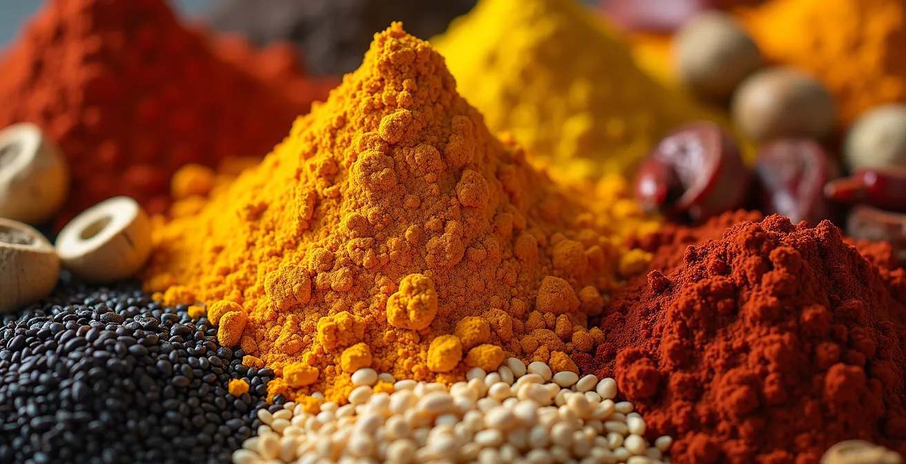 Extreme close-up macro shot of colorful global spices and ingredients at a Toronto ethnic market