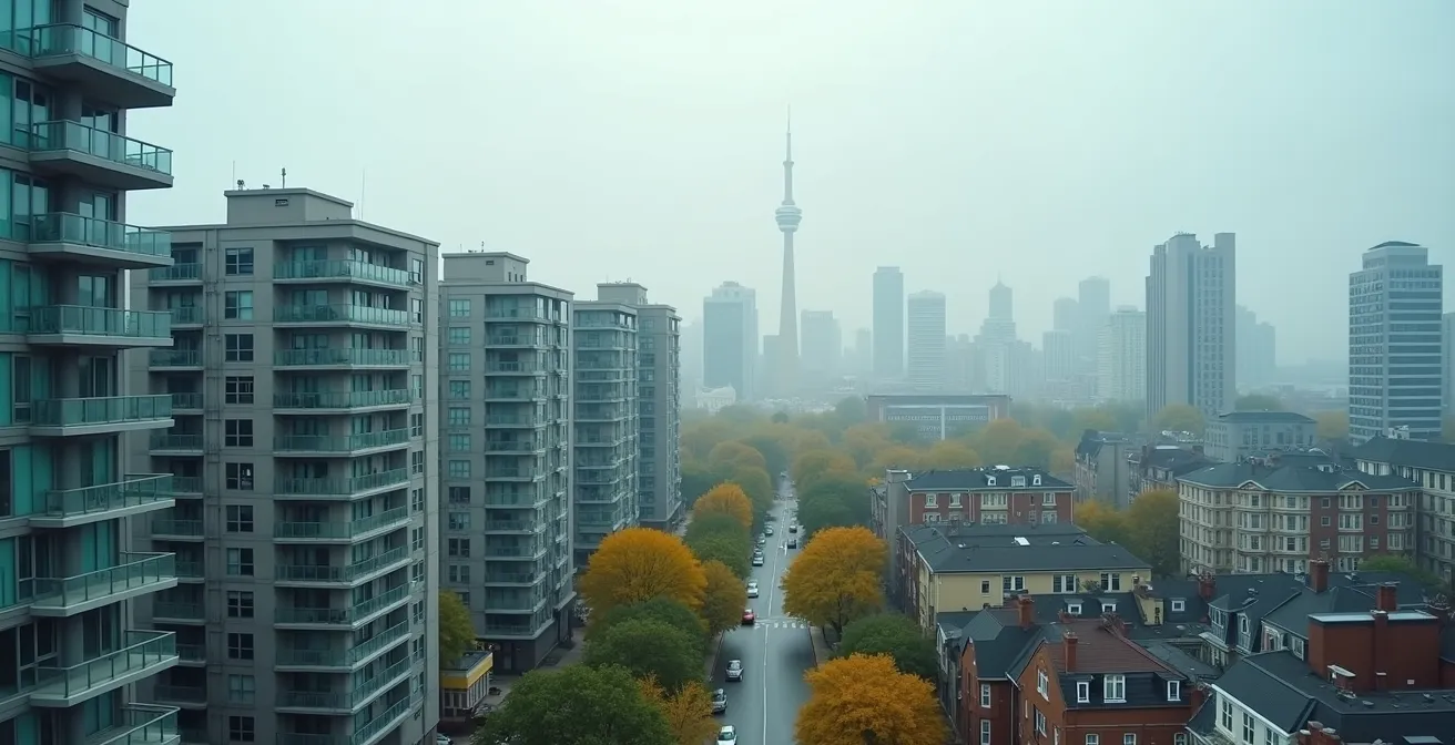 Aerial view of Toronto showing the contrast between high-rise condo towers and residential neighborhoods.