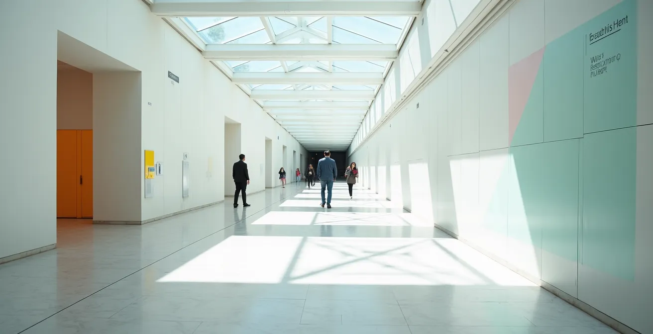 Underground PATH system corridor with directional signage and natural light streaming through skylights