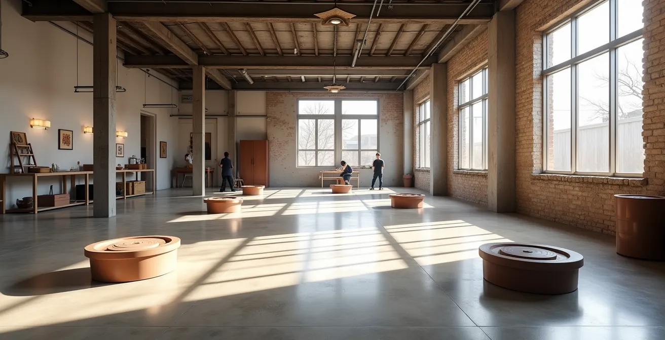 Wide shot of pottery studio interior showing multiple artists at wheels in converted warehouse space