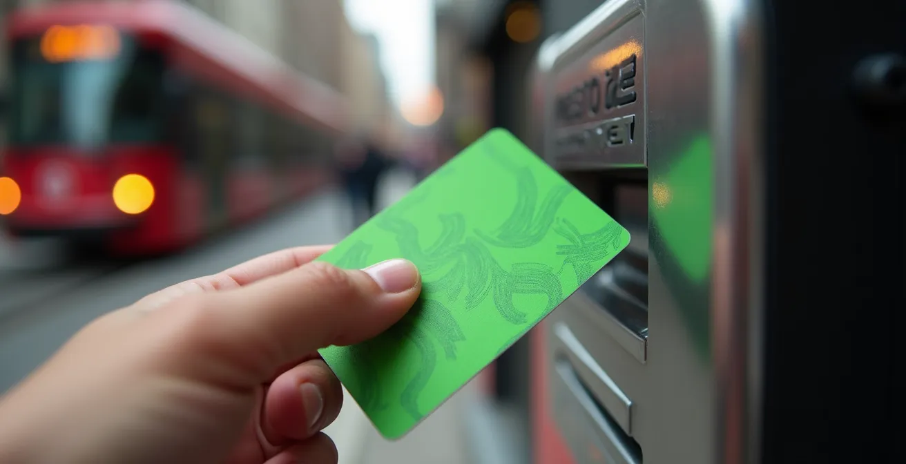 Close-up of hand tapping PRESTO card on TTC streetcar validator with blurred Toronto street in background