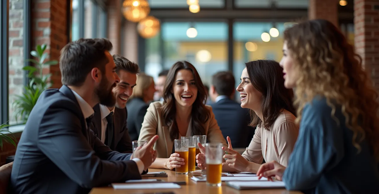 Diverse professionals networking at modern Toronto venue with city views
