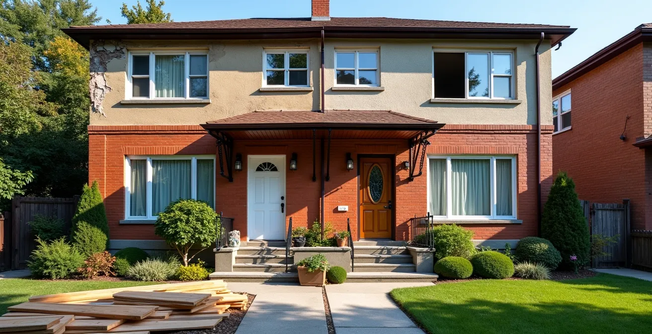 Toronto semi-detached house undergoing renovation with construction materials and tools visible, showing the before and after transformation.