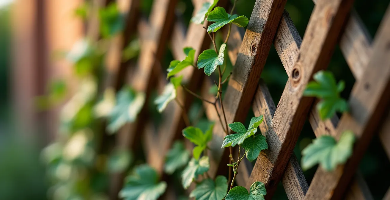 Vertical cedar privacy screen with climbing vines in narrow Toronto backyard
