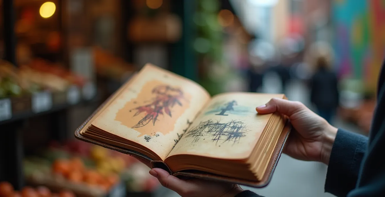 Close-up of hands sketching in a travel journal with Toronto's Kensington Market colorful backdrop