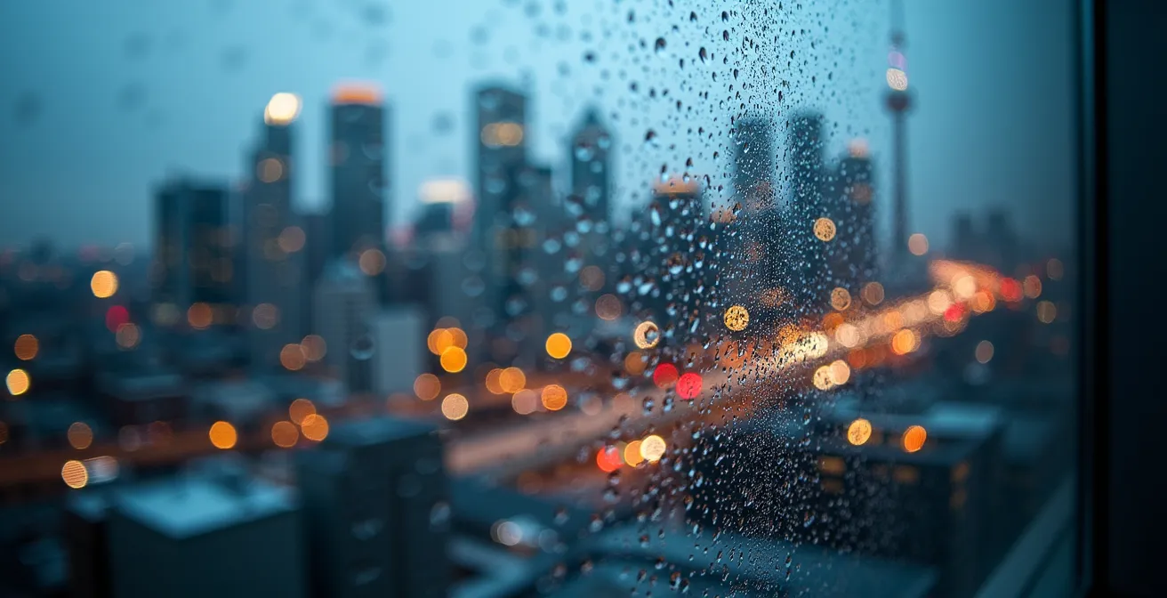 Misty Toronto skyline view through restaurant window with condensation patterns