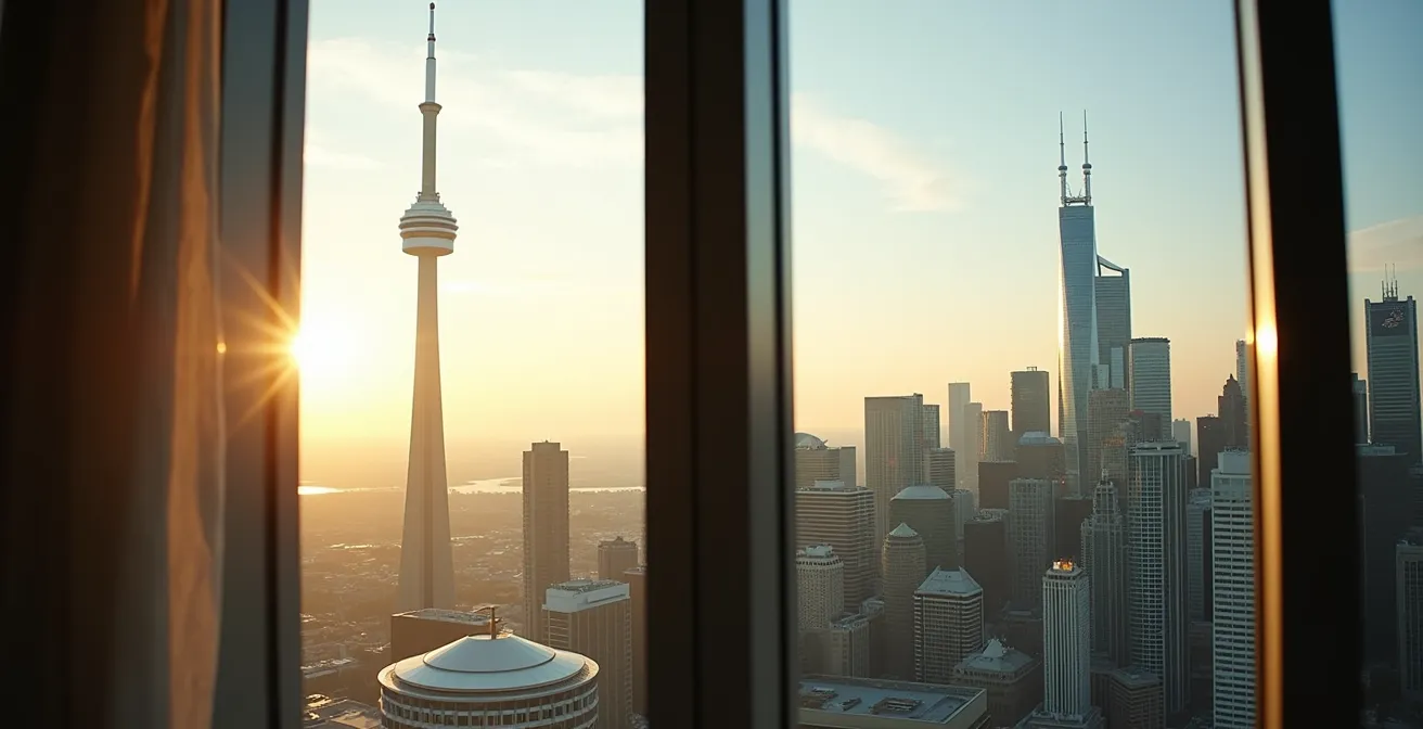 Split view showing clear CN Tower vista versus partially obstructed view through hotel window