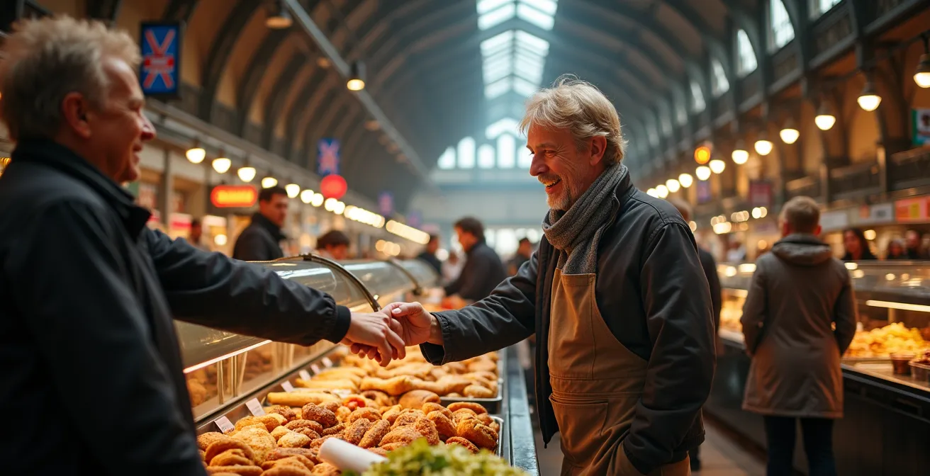 Interior view of St. Lawrence Market with colorful food stalls and local vendors