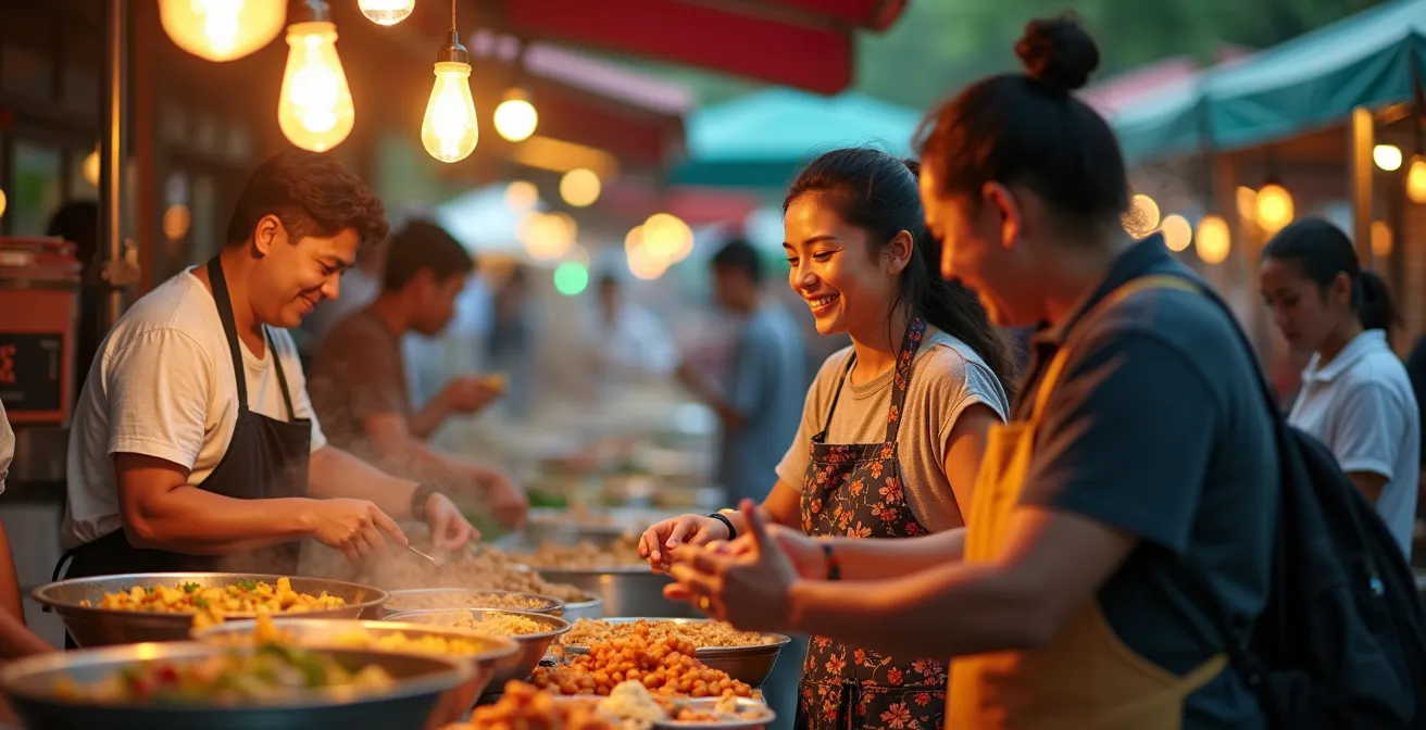 Diverse food vendors and tourists interacting at Toronto street food market