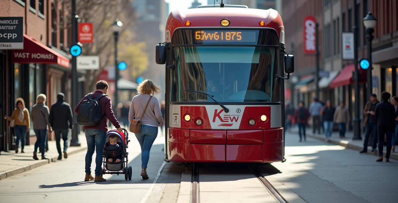 Family boarding iconic red Toronto streetcar with stroller on sunny day