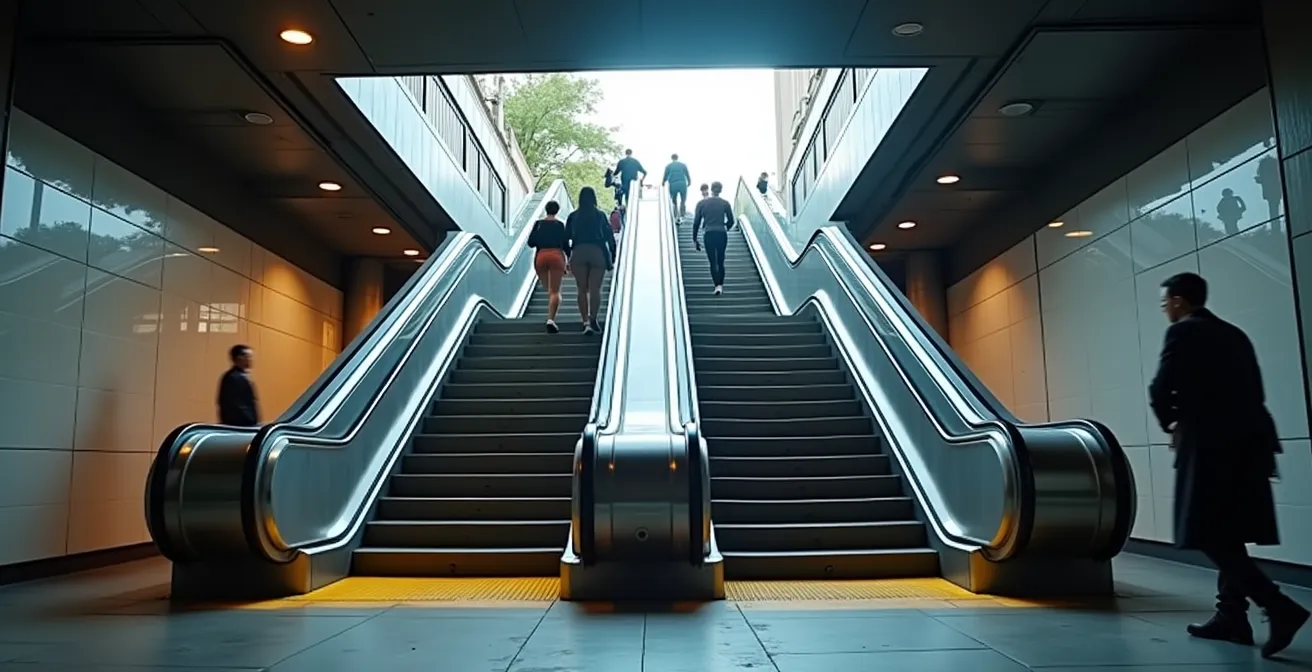 Commuters transitioning from subway platform to street level bus stop in Toronto