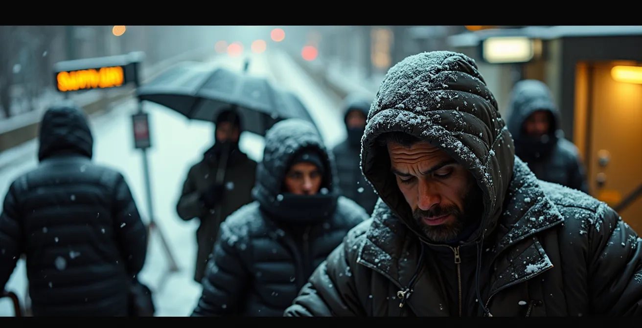 Commuters entering a Toronto subway station during a winter snowstorm
