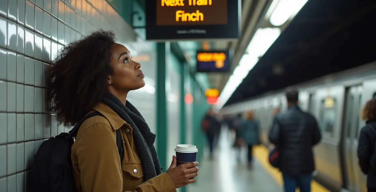 Subway platform showing directional signage for Line 1's U-shaped route in Toronto