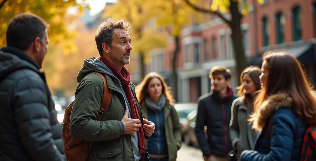 A tour guide gesturing enthusiastically while leading a diverse group through Toronto's historic Yorkville neighborhood