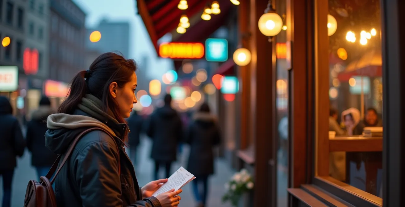 Solo traveler examining restaurant menu prices outside Yonge-Dundas Square establishments