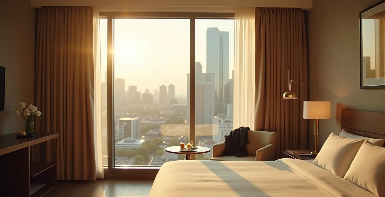 Peaceful hotel room interior with afternoon sunlight filtering through sheer curtains overlooking Toronto cityscape