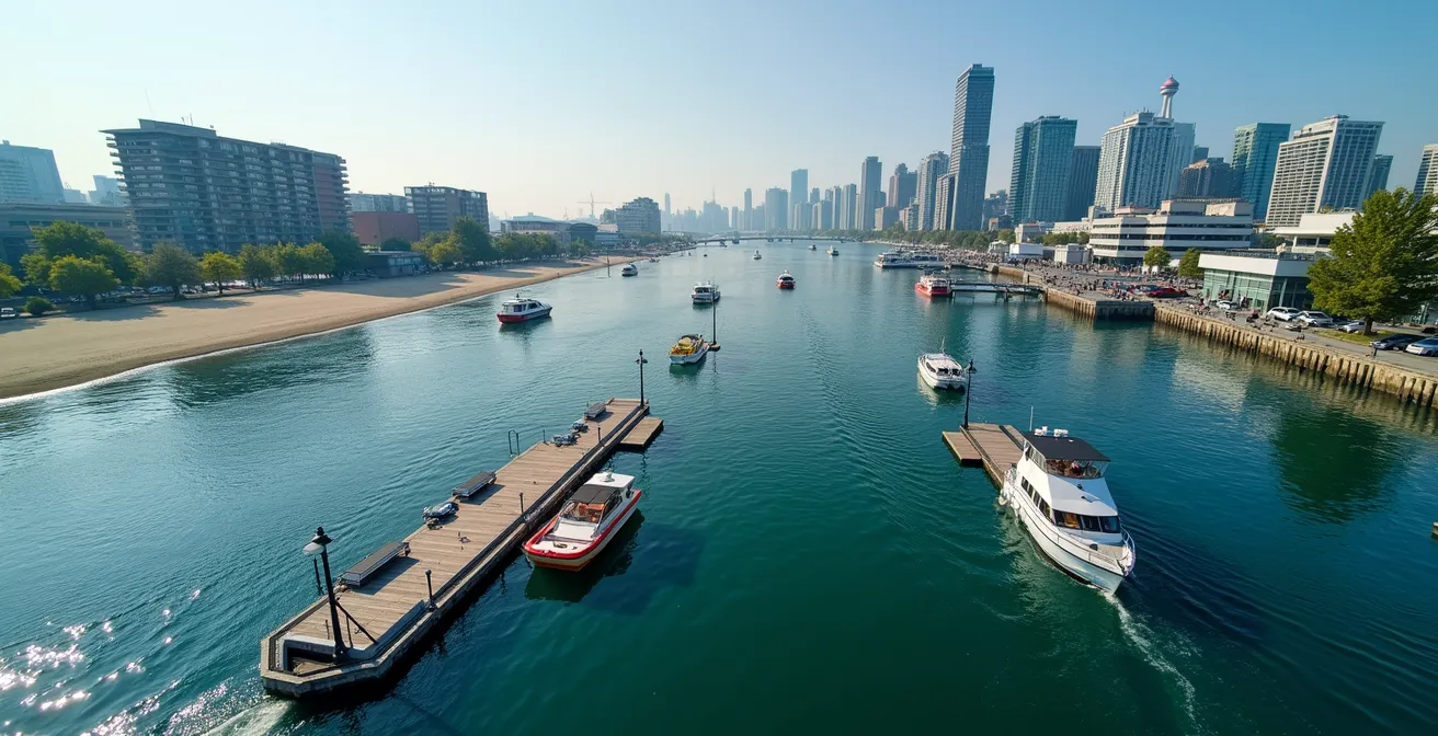 Aerial view of Toronto waterfront showing multiple water taxi dock locations along Queens Quay