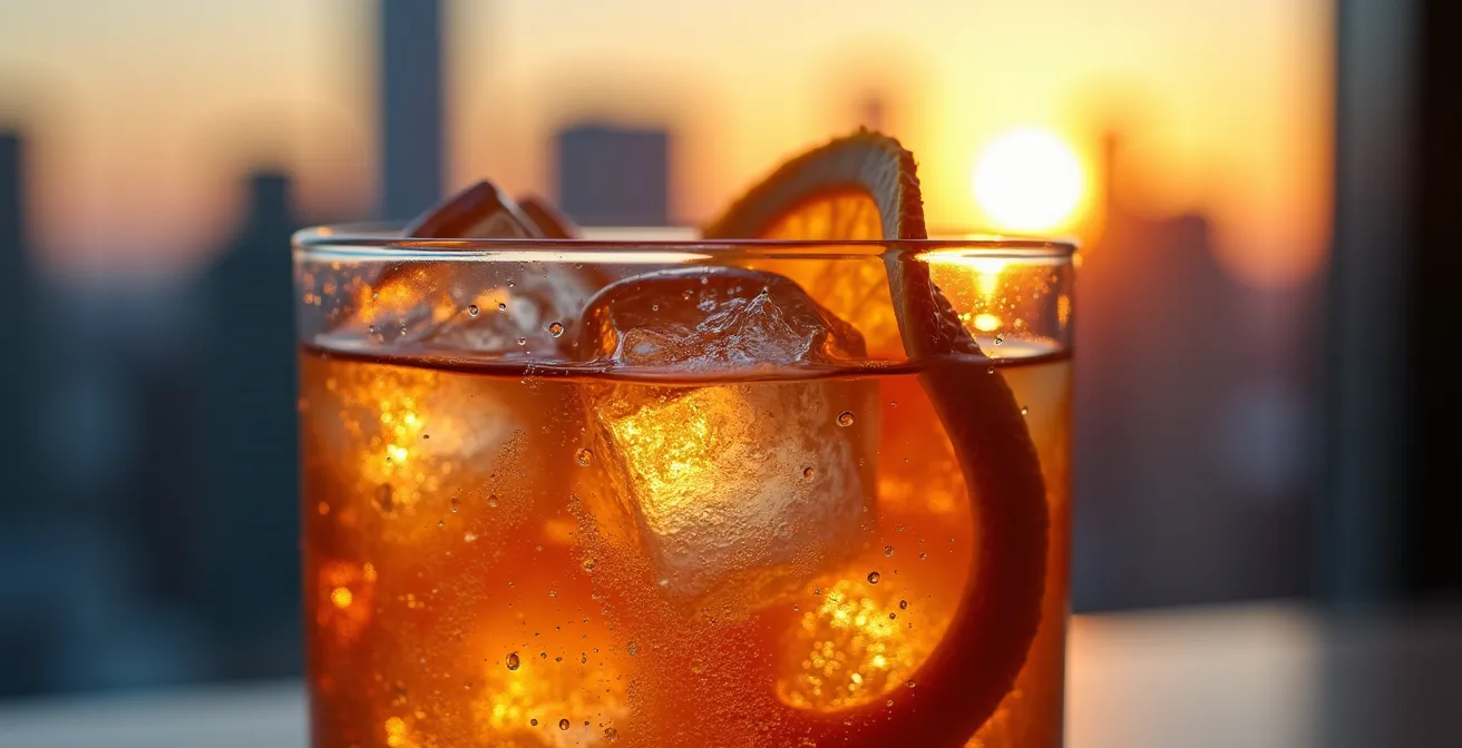 Rooftop terrace view of Toronto with business traveler relaxing during golden hour