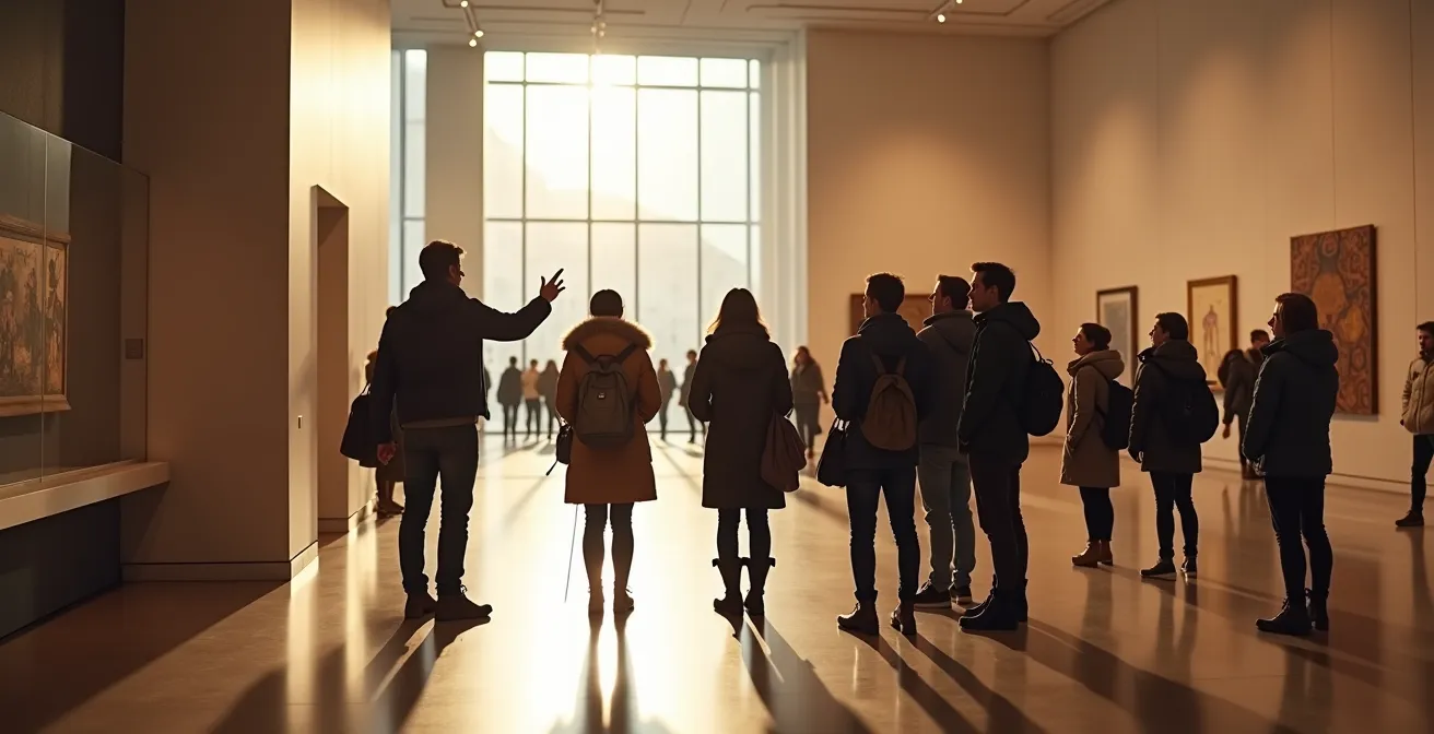 Wide shot of elegant museum interior with tour group viewing exhibits in warm lighting
